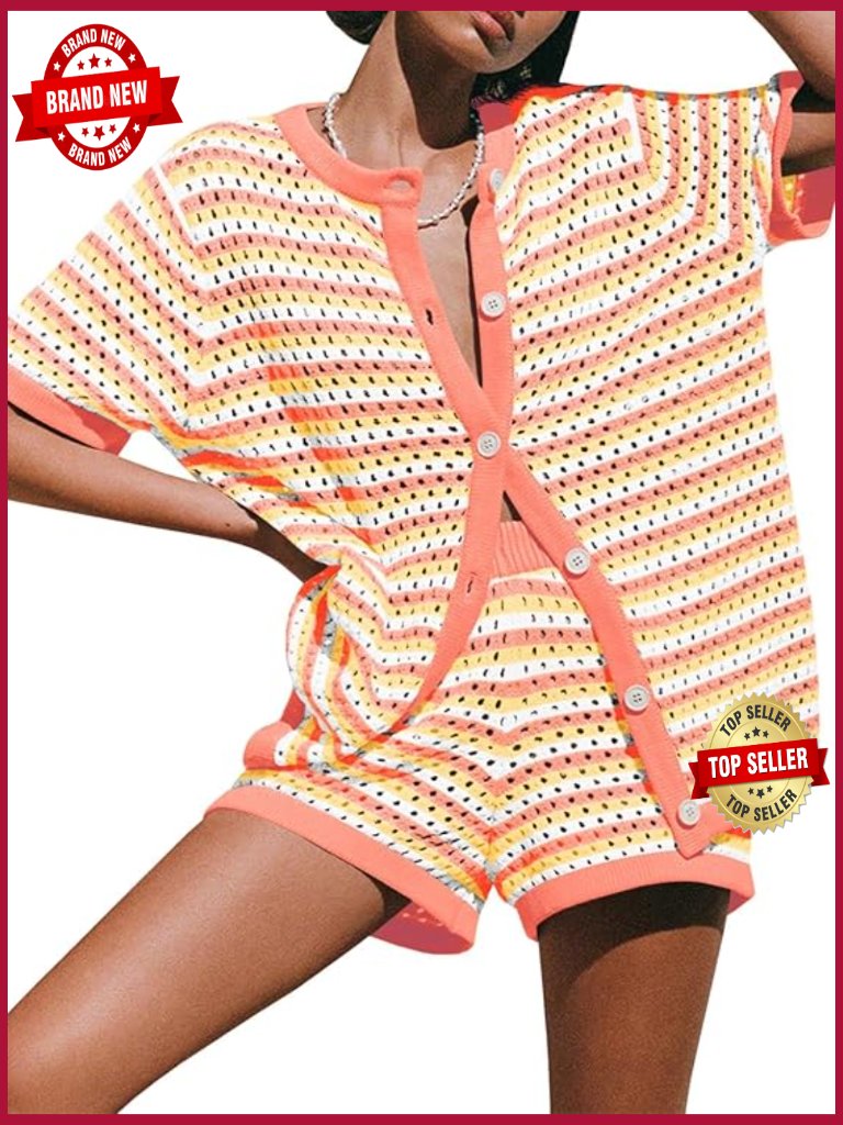 Striped Crochet Knit 2 Piece Short Set Swimsuit Cover Up